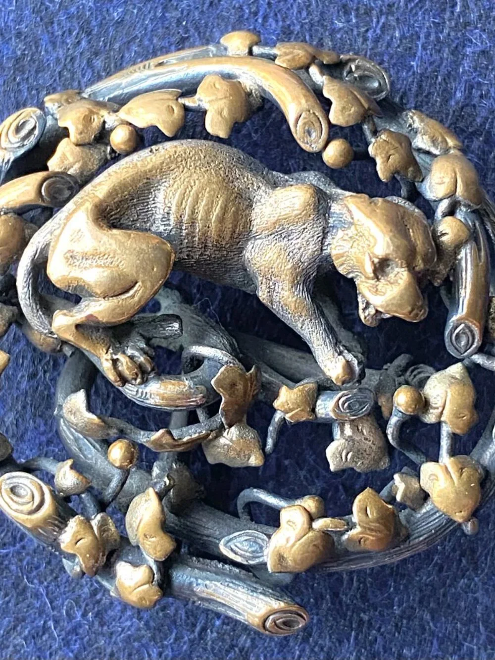 Sculptural Bronze/Copper Brooch with Cougar, Ivy, and Branches